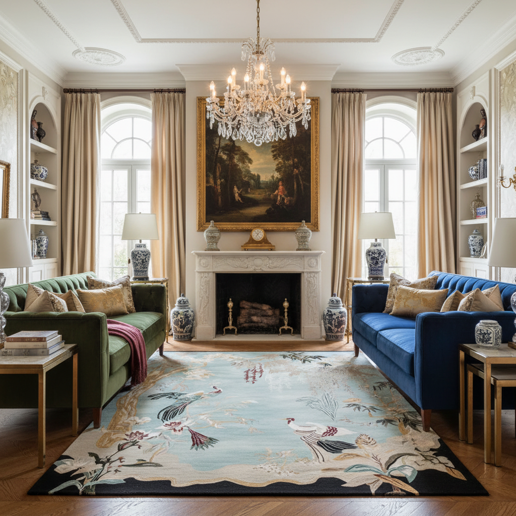 Luxurious living room with a blue sofa, green armchair, and decorative rug.