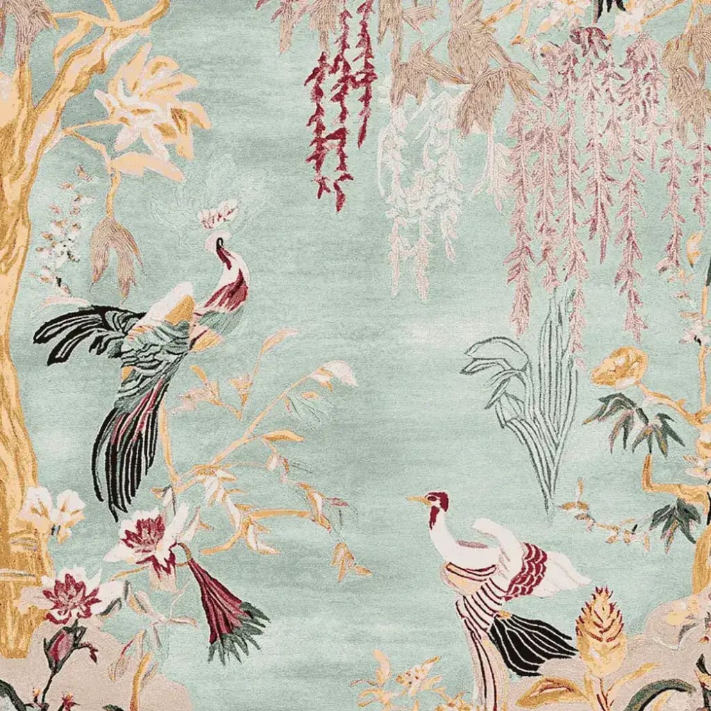 A beautifully detailed area rug featuring an intricate design of colorful birds and foliage on a soft pastel background. This wool rug is perfect for adding a touch of elegance to large living room spaces. Ideal for those seeking unique living room area rugs that combine artistry with comfort.