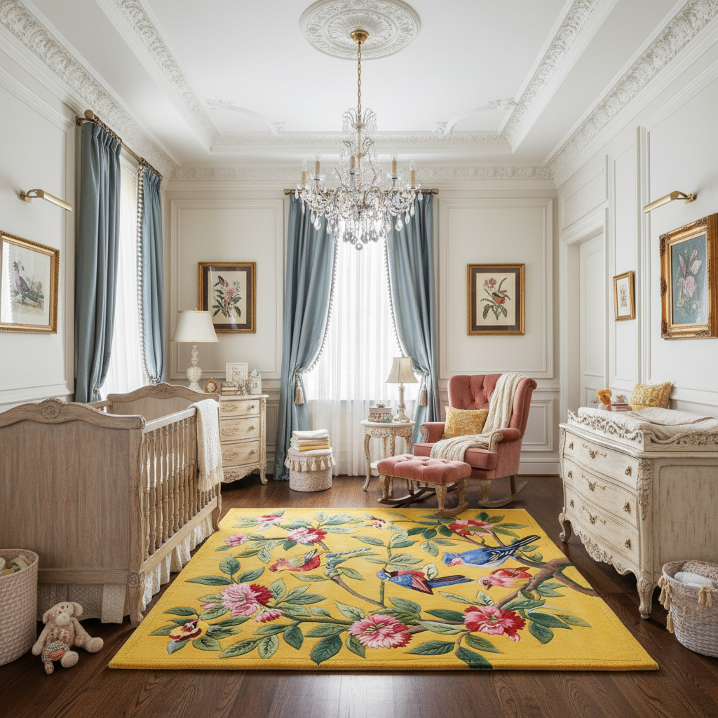 Feathered Friends yellow rug with pink blooms and blue birds in elegant nursery