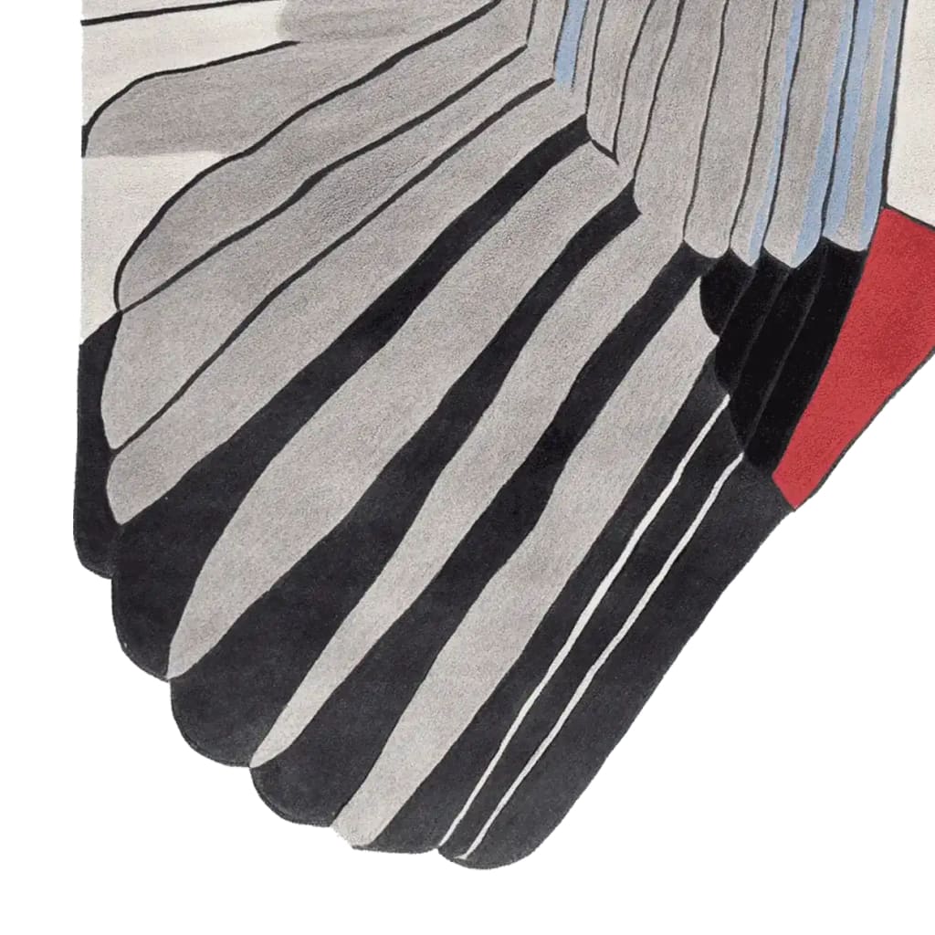 Close-up of the Feathered Geometry Hand Tufted Area Rug, showcasing its elegant abstract design with bold black, grey, and red stripes. Perfect for adding a contemporary touch to your living room, this wool rug offers both style and comfort as a living room area rug.