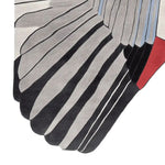 Close-up of the Feathered Geometry Hand Tufted Area Rug, showcasing its elegant abstract design with bold black, grey, and red stripes. Perfect for adding a contemporary touch to your living room, this wool rug offers both style and comfort as a living room area rug.