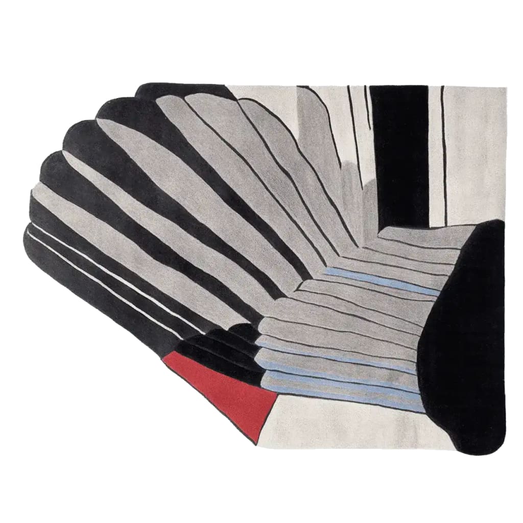 Feathered Geometry Hand Tufted Rug showcasing an abstract design with bold black, grey, and red patterns. This contemporary wool area rug is perfect for adding a modern touch to living rooms.