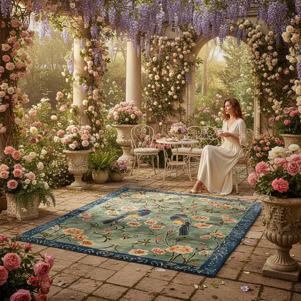 Woman in a garden setting with floral decorations and a decorative rug.