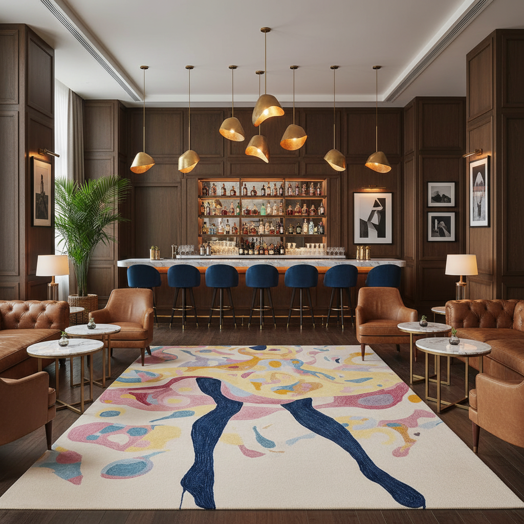 Modern bar interior with colorful rug, chairs, and shelves.