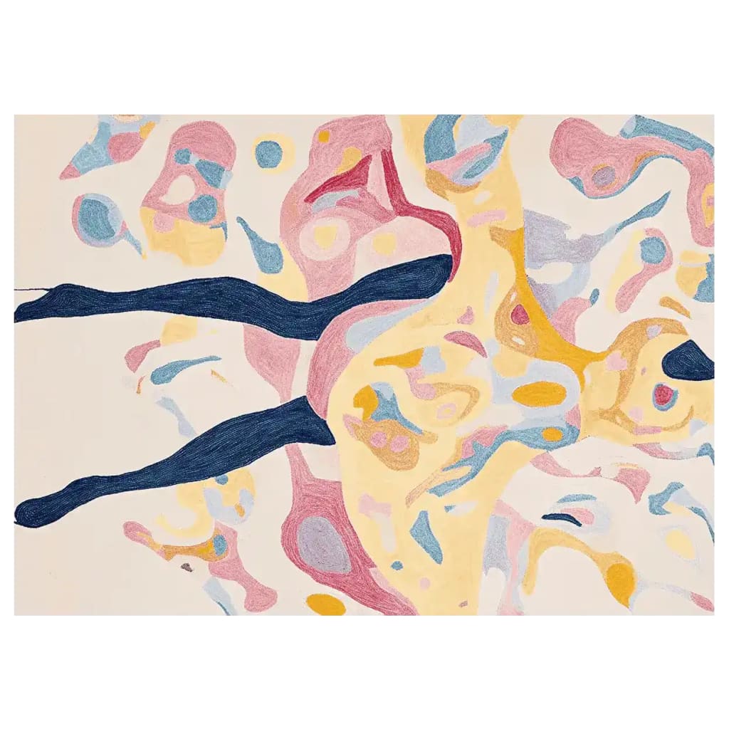 Top view of a hand-tufted area rug featuring an abstract design with vibrant swirls of pink, yellow, blue, and cream. The intricate pattern creates a dynamic and artistic feel, perfect for adding a touch of modern elegance to any room.
