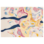 Top view of a hand-tufted area rug featuring an abstract design with vibrant swirls of pink, yellow, blue, and cream. The intricate pattern creates a dynamic and artistic feel, perfect for adding a touch of modern elegance to any room.