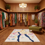 Wooden closet with hanging clothes, a colorful rug on the floor, and a green ottoman.
