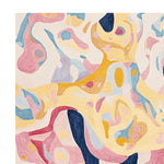 A vibrant hand-tufted area rug featuring an abstract feminine art design with swirling patterns of yellow, pink, blue, and other soft colors, creating a dynamic and artistic visual appeal.
