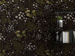 Fern blossoms monochrome wallpaper close-up, dark background with olive green ferns and white scattered flowers beside a bookshelf