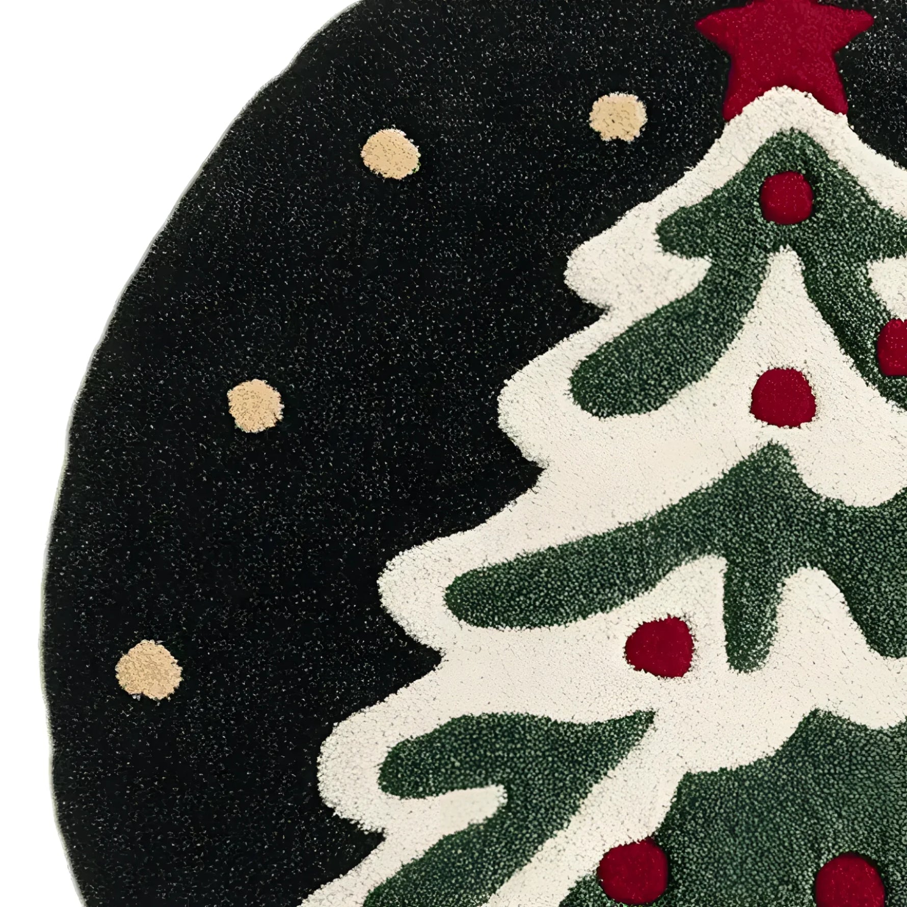 Close-up view of the Festive Evergreen Round Hand Tufted Area Rug, perfect for adding a touch of holiday cheer to your living room or office. This wool rug features a charming evergreen tree design with red accents, set against a dark background, making it an ideal choice for round rugs in cozy spaces.