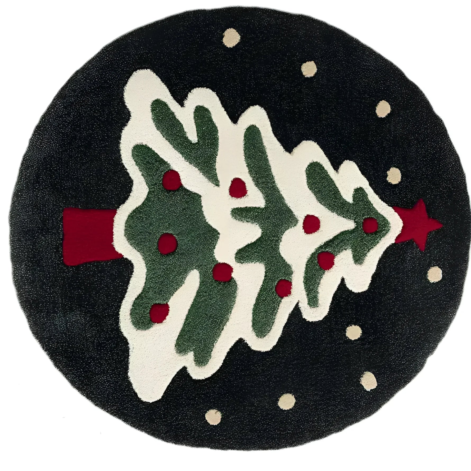 Festive Evergreen Round Hand Tufted Area Rug featuring a holiday-themed design with a Christmas tree, perfect for adding warmth to your office or living room. This wool rug is ideal for those seeking unique office rugs or area rugs for a cozy living space.