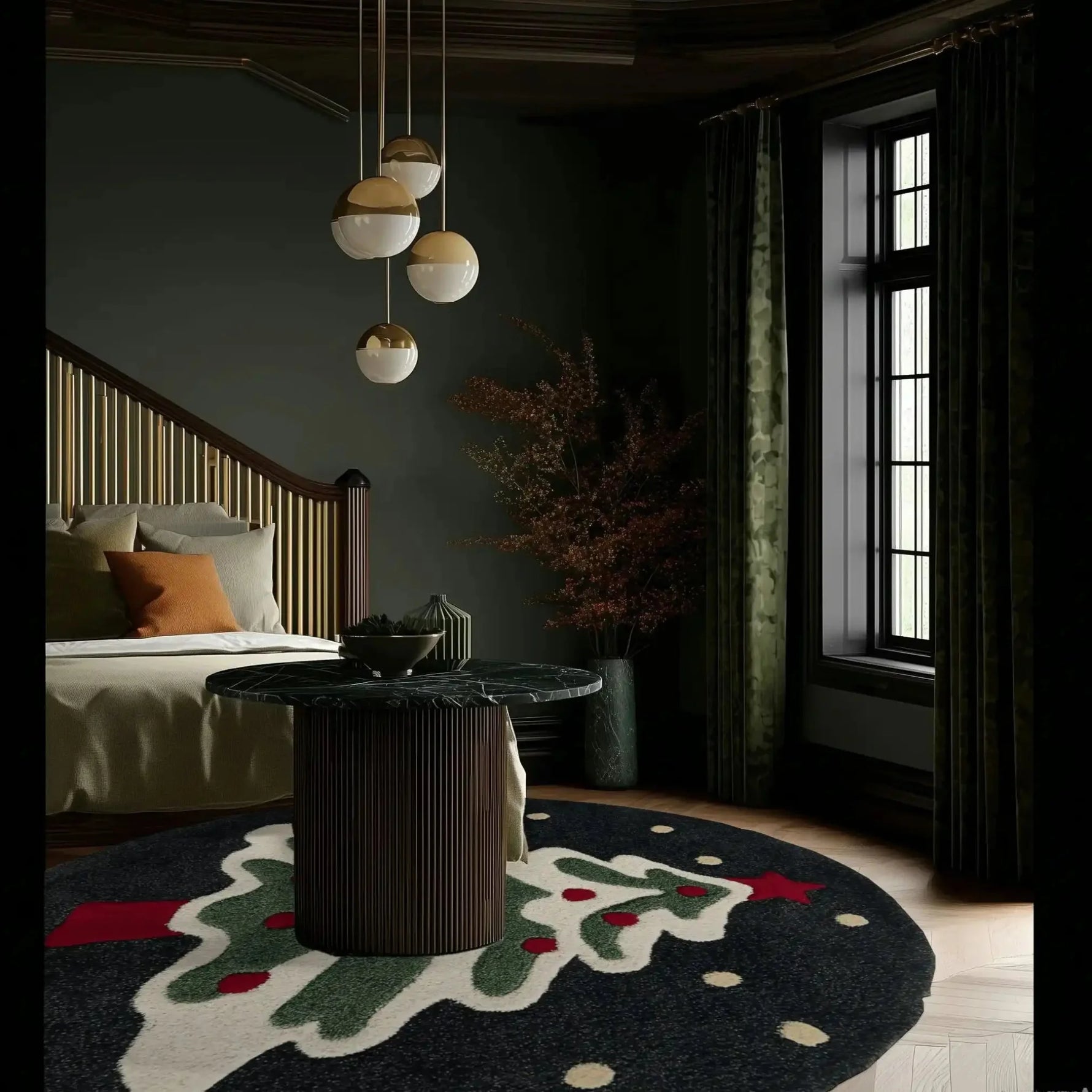 A cozy living room featuring a stylish round area rug with a festive evergreen design. The hand tufted wool rug is placed under a modern round table, complementing the elegant decor of the space. Ideal for an office or living room, this rug adds a touch of warmth and charm.