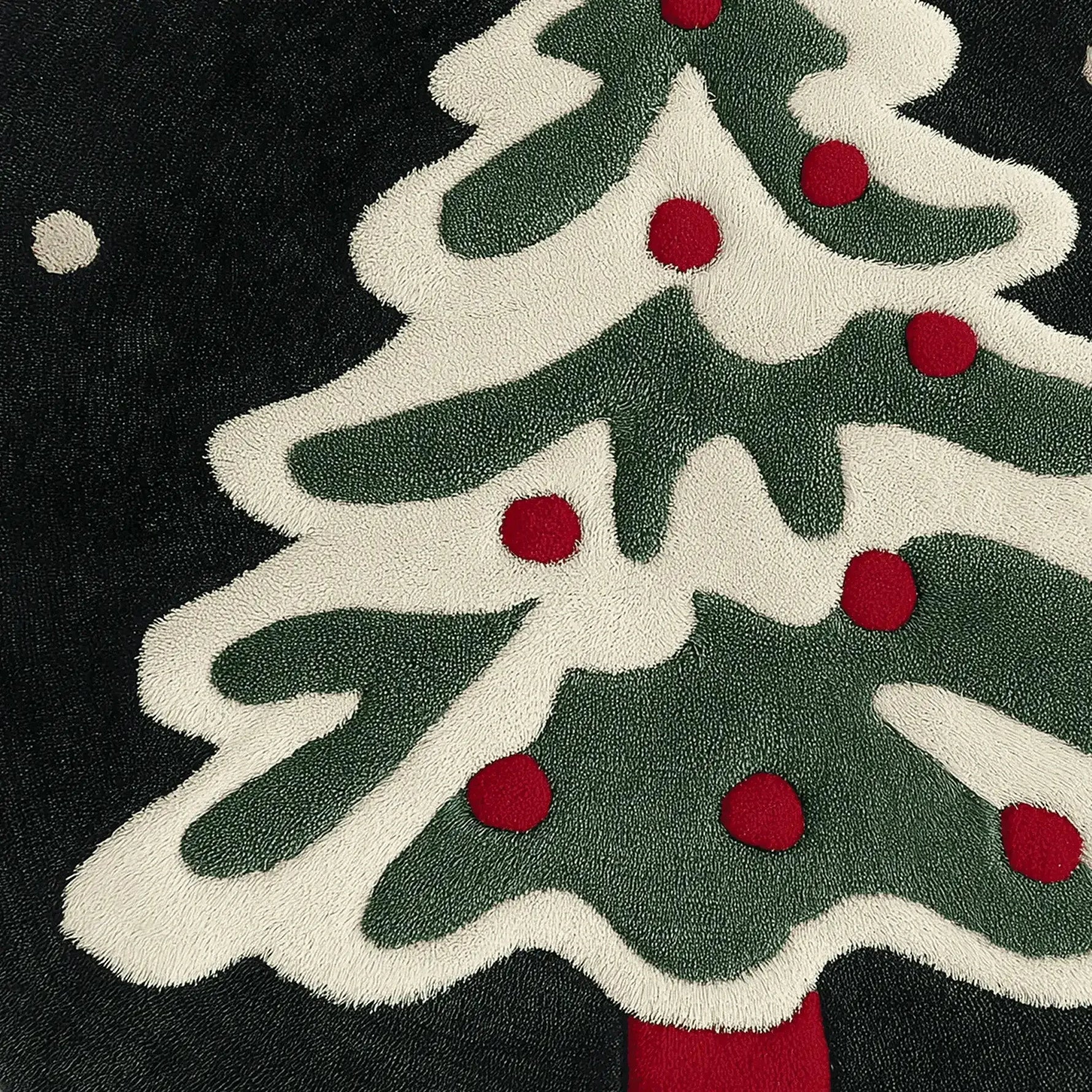 Close-up of the Festive Evergreen Round Hand Tufted Rug, featuring a vibrant holiday design with a green and white Christmas tree adorned with red accents. This wool area rug is perfect for adding a touch of festivity to your living room or office space. Ideal for those seeking unique round office rugs or area rugs for the living room.