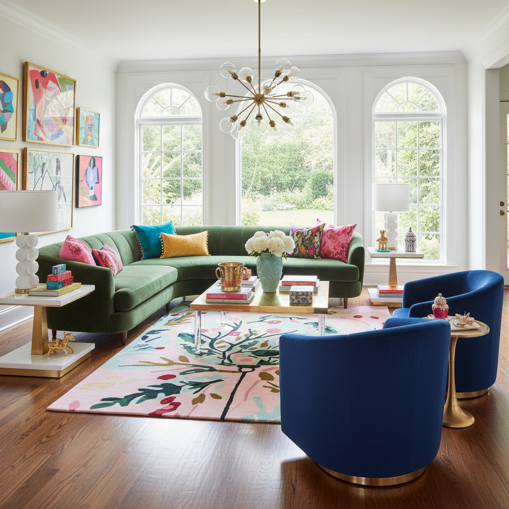 Modern living room with green sofa, blue armchair, and colorful rug.