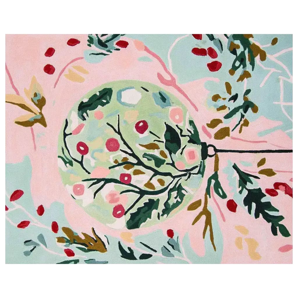 A vibrant area rug featuring a festive ornament design in hand-tufted wool. The rug showcases abstract branches and leaves with colorful accents against a pastel background, perfect for adding a splash of color to large living rooms. Ideal for spaces needing living room rugs 8x10 or wool rug options.
