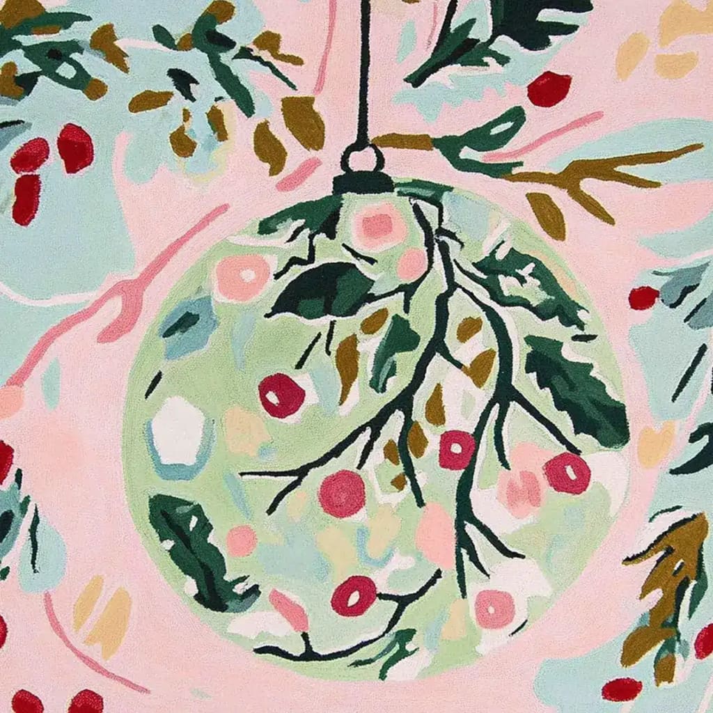A vibrant hand-tufted wool rug featuring an abstract festive ornament design. The rug showcases a colorful blend of greens, pinks, and reds with delicate branches and berries, perfect as a centerpiece for large living rooms. Ideal for those seeking an 8x10 area rug to enhance their space with a touch of holiday charm.