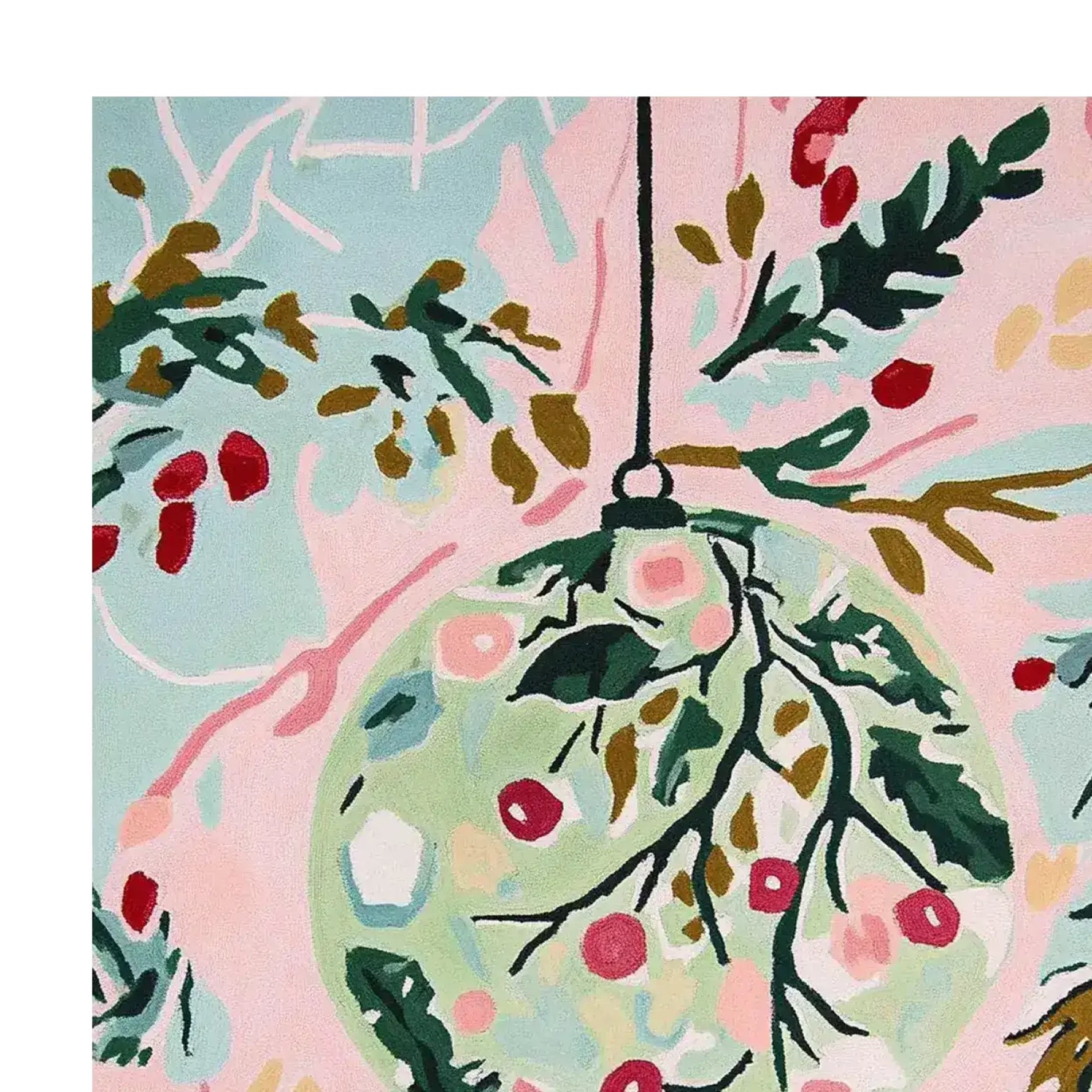 Close-up view of the Festive Ornament Dreams Hand Tufted Rug, showcasing an abstract, colorful design with holiday-inspired patterns. The area rug is perfect for adding a touch of whimsy to large living rooms and is available in an 8x10 size, crafted from high-quality wool.