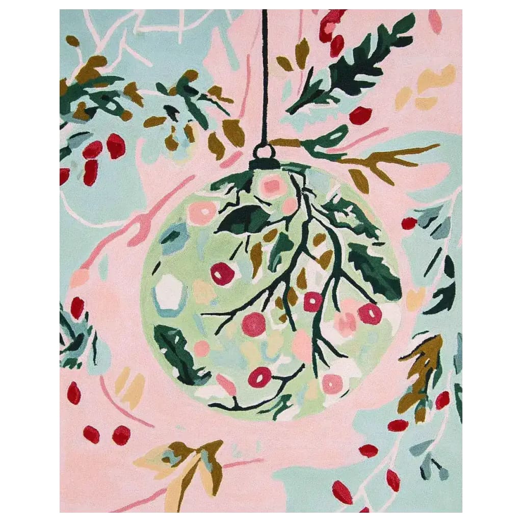 This vibrant hand-tufted area rug showcases a festive ornament design with intricate floral patterns. Perfect for adding warmth to large living rooms, this 8x10 wool rug features a blend of soft pink, green, and red hues, making it an ideal centerpiece for any decor.