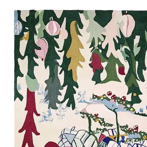 Festive Road Trip Hand Tufted Rug featuring a whimsical design with hanging evergreen branches and holiday ornaments. This area rug is perfect for adding a touch of seasonal charm to your living room. Available in 8x10, this large wool rug offers both style and warmth for any space.