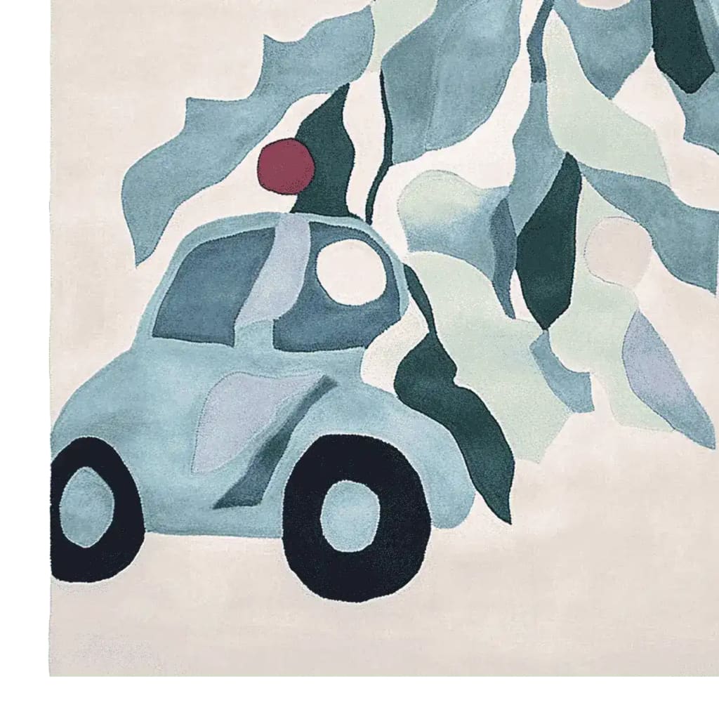 A whimsical hand-tufted area rug featuring a playful design of a car in cool blue tones, perfect for adding a touch of fun to living rooms. Ideal as a wool rug for an 8x10 space, this piece brings artistry and warmth to any room.