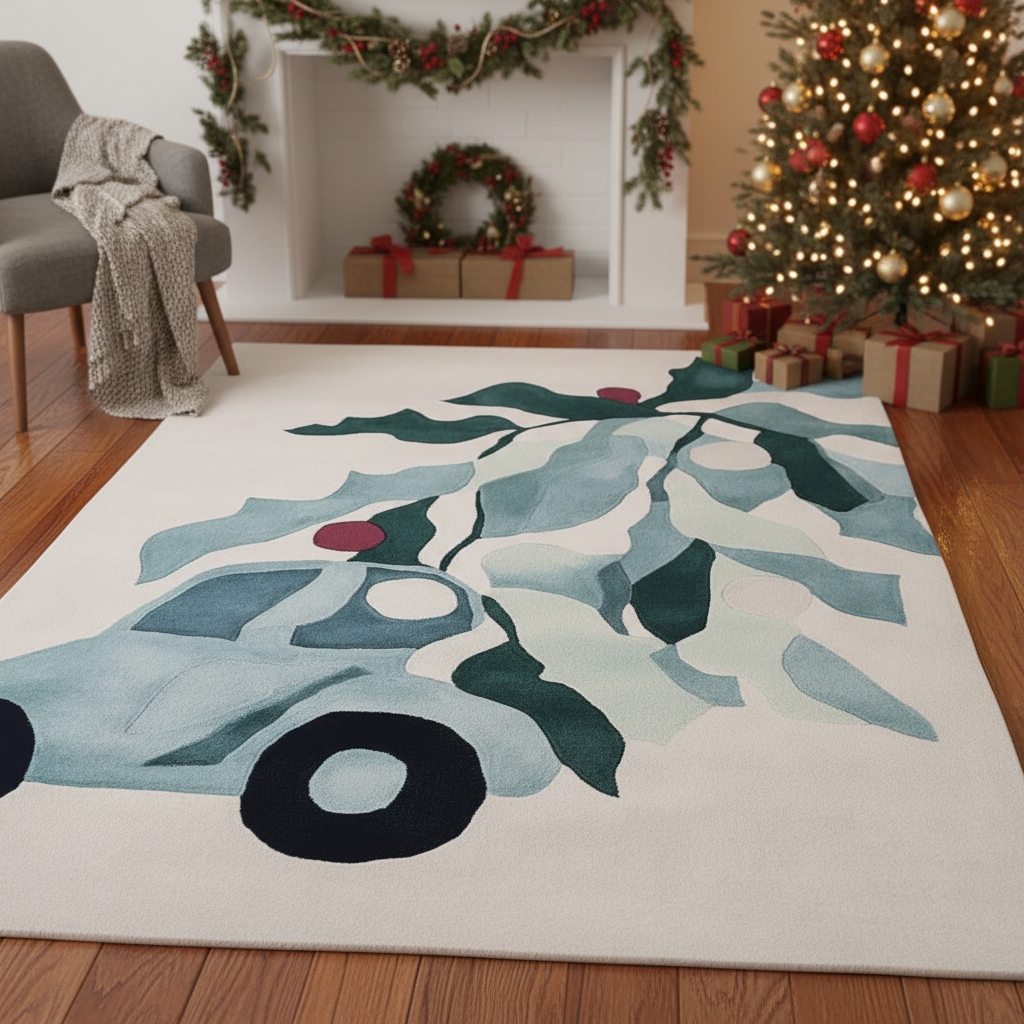 Decorative rug with a Christmas tree design in a living room with a Christmas tree and presents.