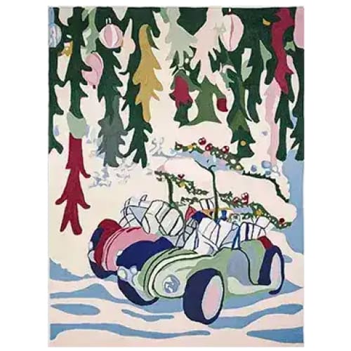 Festive Road Trip Hand Tufted Rug featuring a colorful, whimsical design with a car loaded with gifts under a canopy of decorative trees. This vibrant wool area rug is perfect for adding a playful touch to large living rooms. Ideal as a living room rug in 8x10 size.