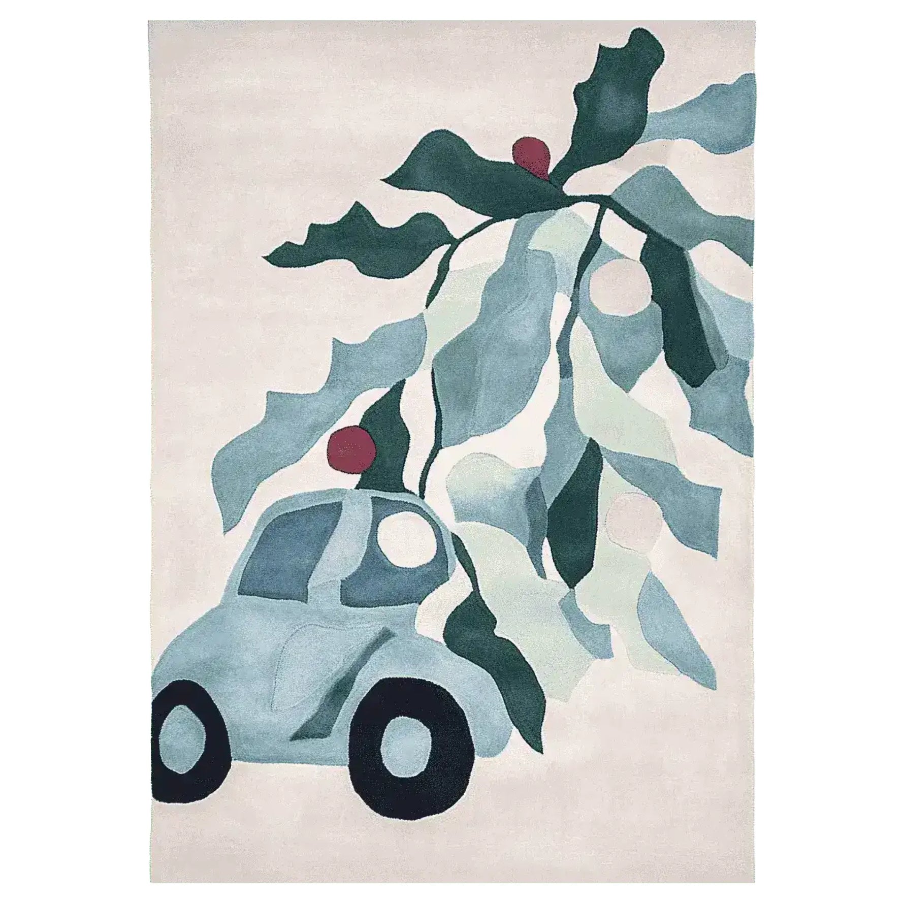 Festive Road Trip Hand Tufted Rug featuring an abstract design with a car and stylized leaves, perfect as an area rug for living rooms. This wool rug offers an artistic touch, ideal for 8x10 living room spaces.