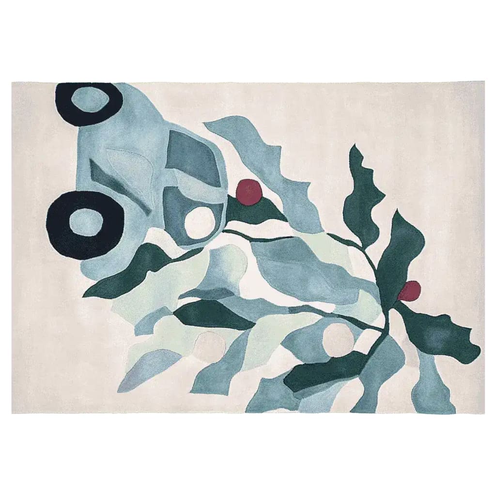 A stylish Festive Road Trip Hand Tufted Area Rug featuring a playful design with a vintage car and abstract foliage. Perfect for adding charm to your living room, this 8x10 wool rug combines functionality with artistic flair, ideal for those seeking unique area rugs for living room decor.