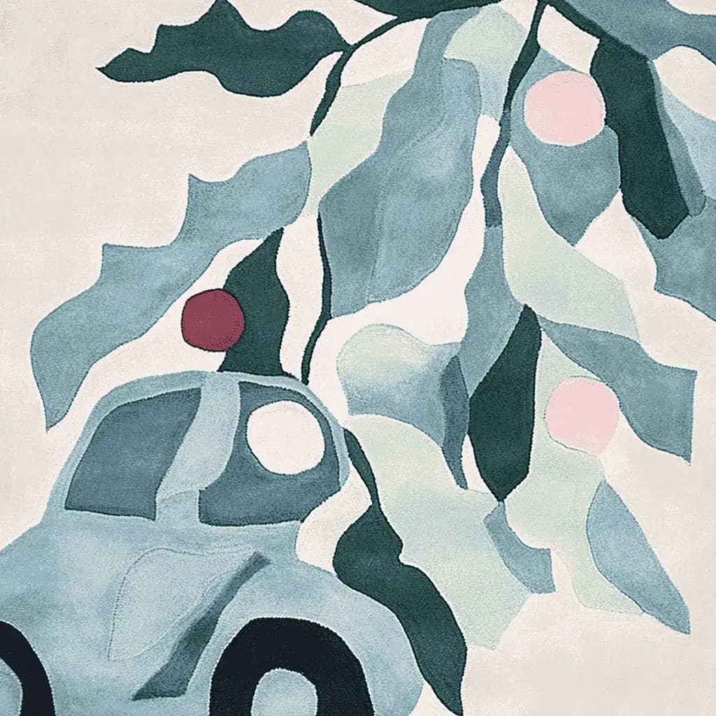 A vibrant hand-tufted wool rug featuring a whimsical design with a car and abstract leaves, ideal for adding a playful touch to area rugs for living room. This 8x10 living room rug combines soft hues of blue and green, making it a perfect addition for those seeking a unique wool rug.