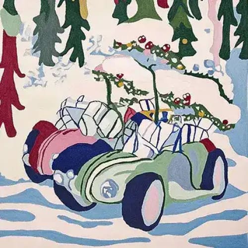 A vibrant hand-tufted wool rug featuring a whimsical festive road trip scene with a vintage car loaded with gifts. This 8x10 area rug, perfect for large living rooms, showcases colorful holiday elements against a snowy backdrop, making it an ideal choice for adding warmth and style to any space.