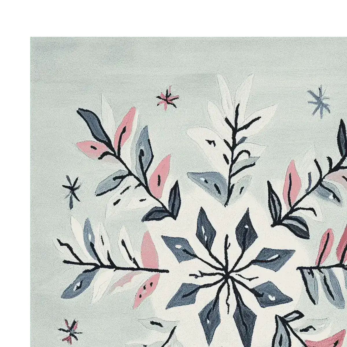 Close-up of the Festive Snowflake Hand Tufted Rug, showcasing intricate snowflake and leaf patterns in soft pastel colors. Perfect wool area rug for living room, adding elegance and warmth to your space.
