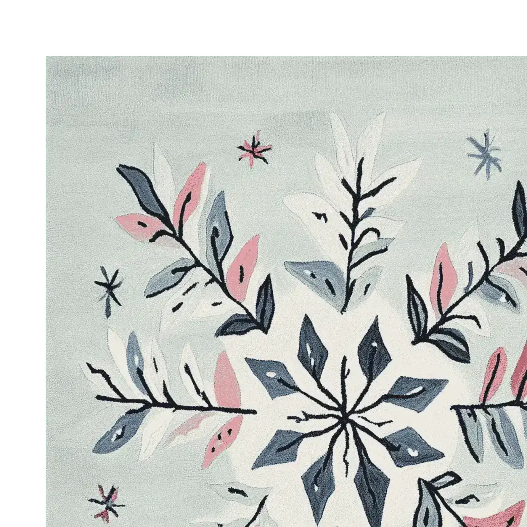 Close-up of the Festive Snowflake Hand Tufted Rug, showcasing intricate snowflake and leaf patterns in soft pastel colors. Perfect wool area rug for living room, adding elegance and warmth to your space.