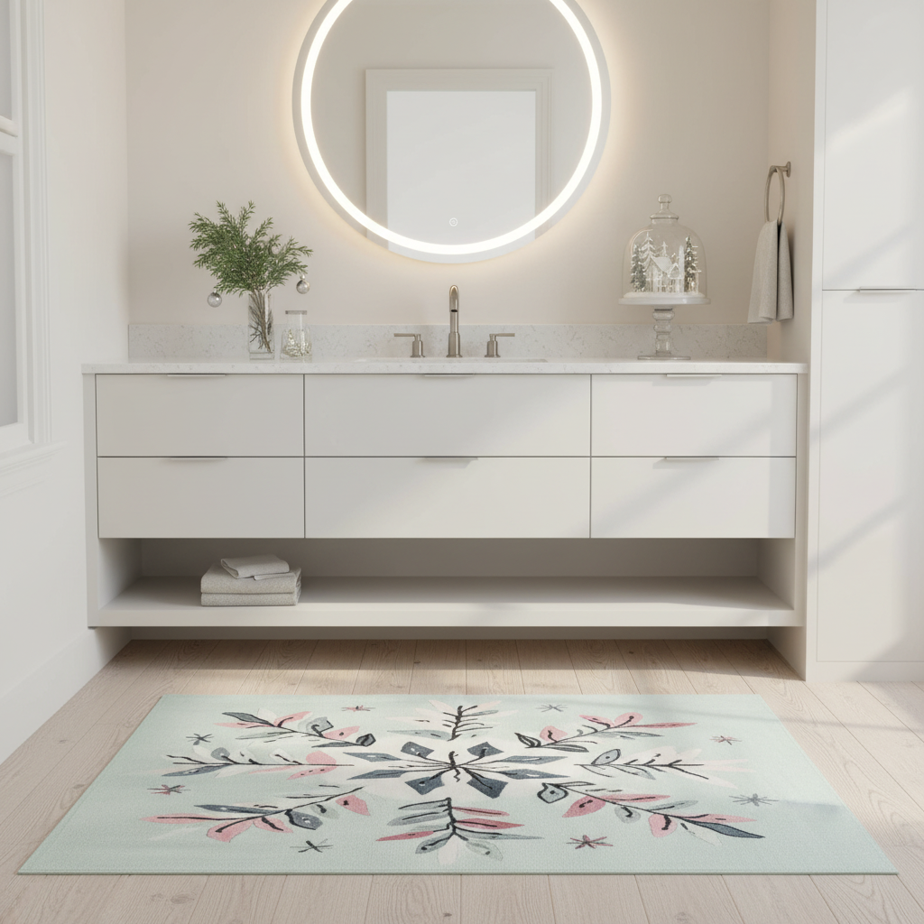 Bathroom with a large vanity, round mirror, and decorative rug on the floor.