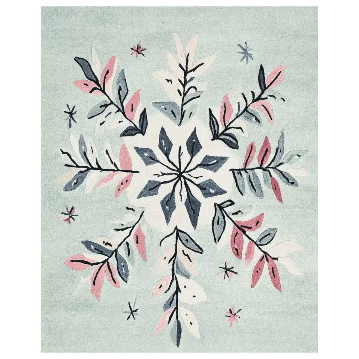 A charming Festive Snowflake Hand Tufted Area Rug, perfect for enhancing living room decor. This wool rug features a delicate snowflake design in soft pastel colors, ideal for those seeking area rugs for living room comfort and style.
