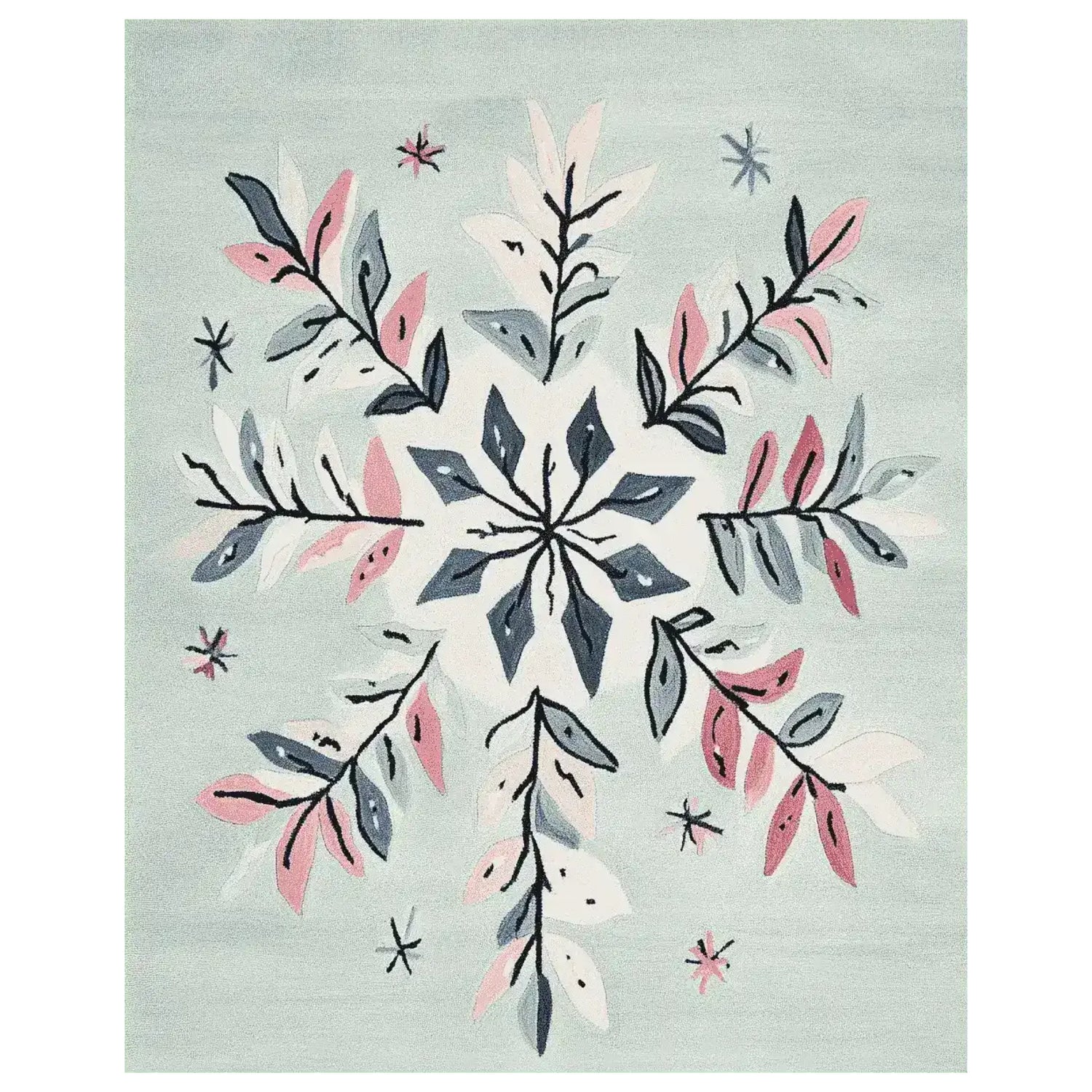 A charming Festive Snowflake Hand Tufted Area Rug, perfect for enhancing living room decor. This wool rug features a delicate snowflake design in soft pastel colors, ideal for those seeking area rugs for living room comfort and style.