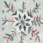 Close-up view of a Festive Snowflake Hand Tufted Area Rug featuring an intricate snowflake pattern in shades of pink, blue, and white, perfect for adding a touch of elegance to your living room. This wool rug is an exquisite example of area rugs for living room, blending style with cozy comfort.