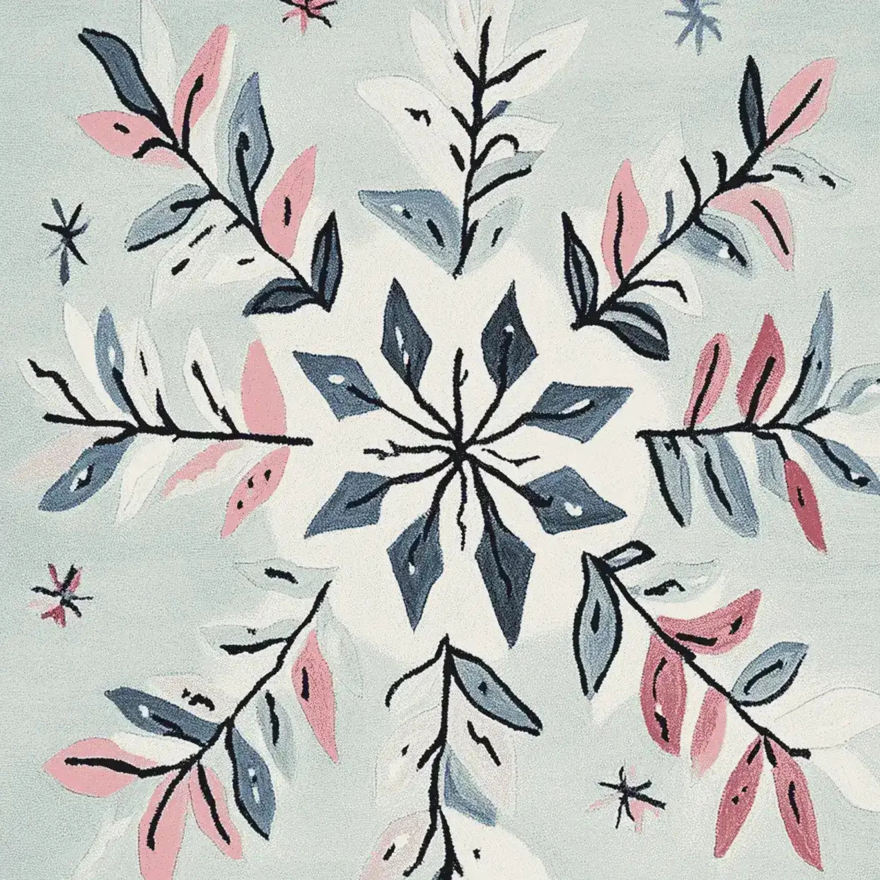 Close-up view of a Festive Snowflake Hand Tufted Area Rug featuring an intricate snowflake pattern in shades of pink, blue, and white, perfect for adding a touch of elegance to your living room. This wool rug is an exquisite example of area rugs for living room, blending style with cozy comfort.