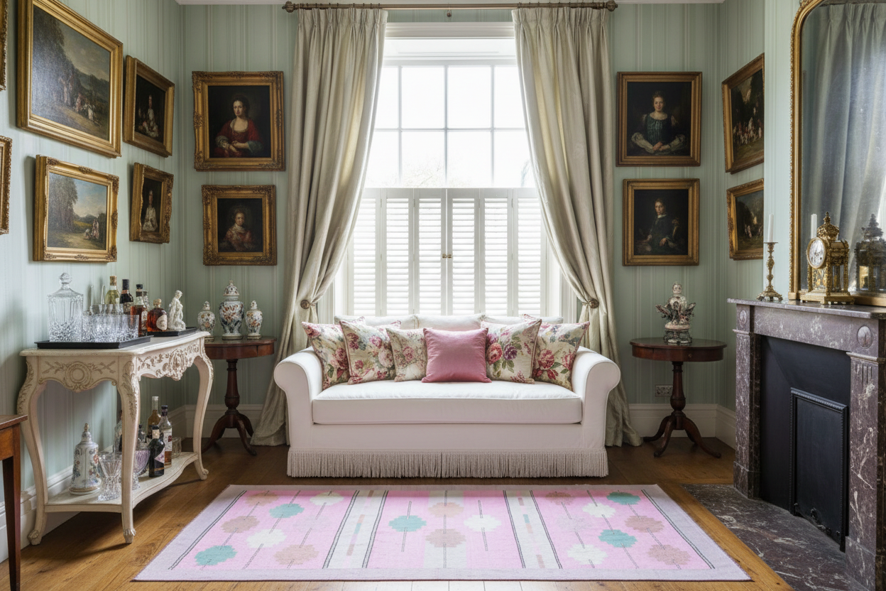 Stately room with a white sofa, pink cotton rug, floral cushions, and framed portraits on a light green wall.
