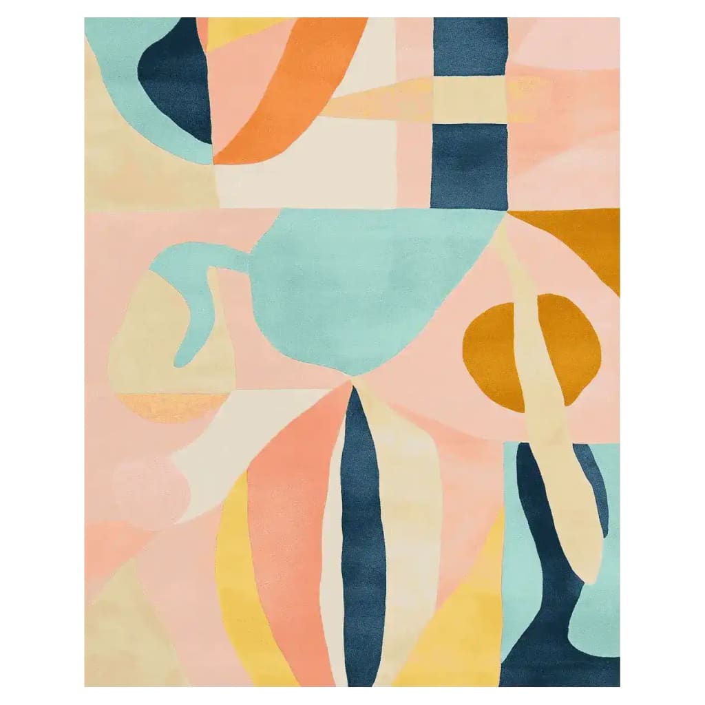 Contemporary wool area rug with an abstract design featuring bold geometric shapes in vibrant colors like blue, orange, and pink, perfect for adding a modern touch to large living room spaces.