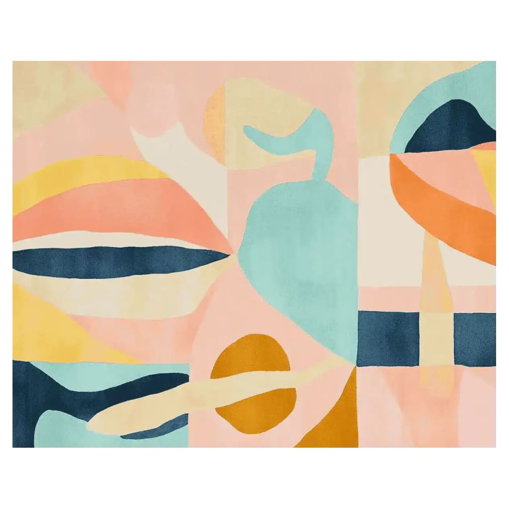 Vibrant abstract area rug with bold geometric patterns in shades of pink, blue, orange, and yellow, perfect for adding a contemporary touch to any large living room. This hand-tufted wool rug showcases a modern design that elevates the aesthetic of your space.