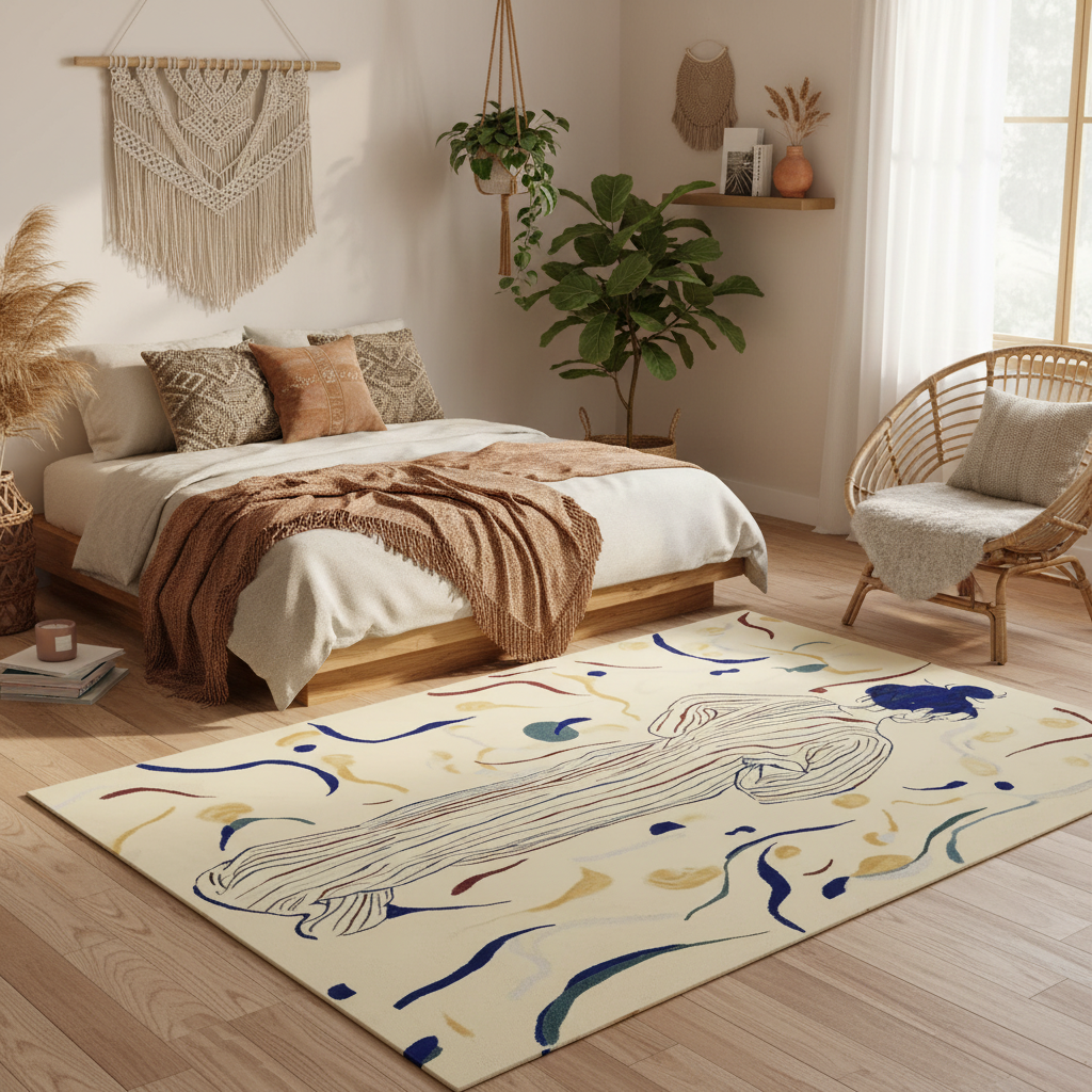 Cozy bedroom with a bed, ruga contemporary hand-tufted wool rug,  and decorative elements.