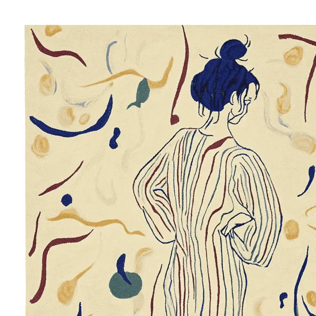 Explore the stunning Figurative Thread Story Hand Tufted Rug, a contemporary area rug designed for modern living rooms. This wool rug features an abstract design with a figure and colorful lines, perfect for adding style to your space. Ideal as an 8x10 area rug for living rooms.