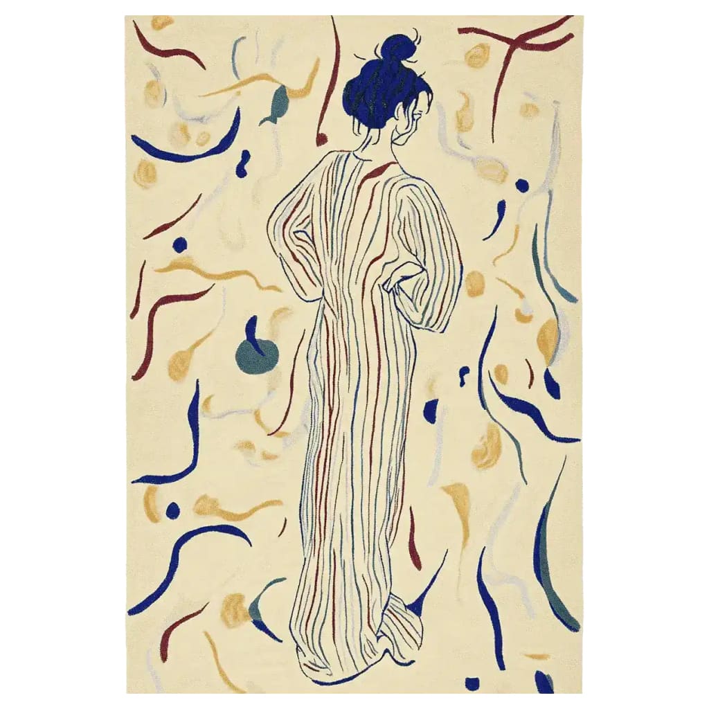 This hand-tufted wool area rug features a contemporary design with a figure in a striped robe against an abstract background of swirling blue, red, and gold lines. Ideal for living rooms, this 8x10 rug adds a modern touch to your space.