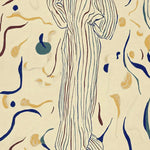 A hand-tufted area rug with an abstract design, featuring a central figure and swirling patterns in blue, brown, and yellow tones. This contemporary rug, ideal for living rooms, is crafted from wool and comes in an 8x10 size.