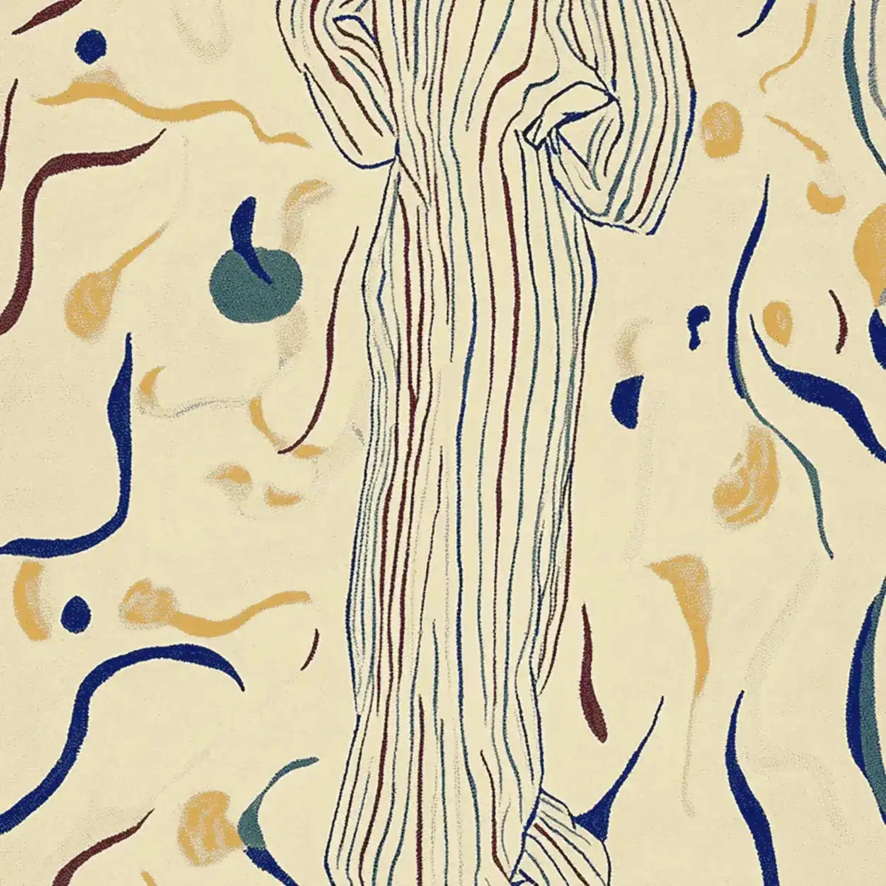 A hand-tufted area rug with an abstract design, featuring a central figure and swirling patterns in blue, brown, and yellow tones. This contemporary rug, ideal for living rooms, is crafted from wool and comes in an 8x10 size.