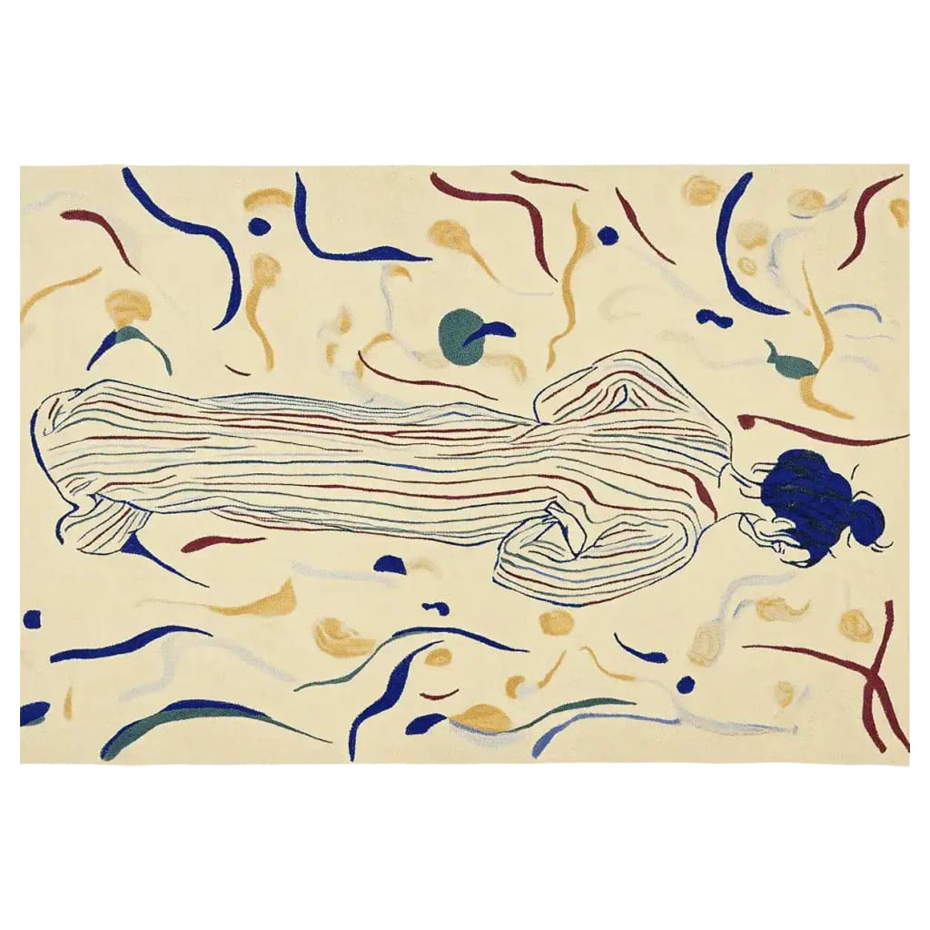 A contemporary area rug featuring an abstract design with a figure lying down, surrounded by swirling lines and shapes in blue, green, and beige tones. This hand-tufted wool rug is perfect for adding an artistic touch to your living room, especially in an 8x10 size.