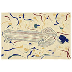 A contemporary area rug featuring an abstract design with a figure lying down, surrounded by swirling lines and shapes in blue, green, and beige tones. This hand-tufted wool rug is perfect for adding an artistic touch to your living room, especially in an 8x10 size.