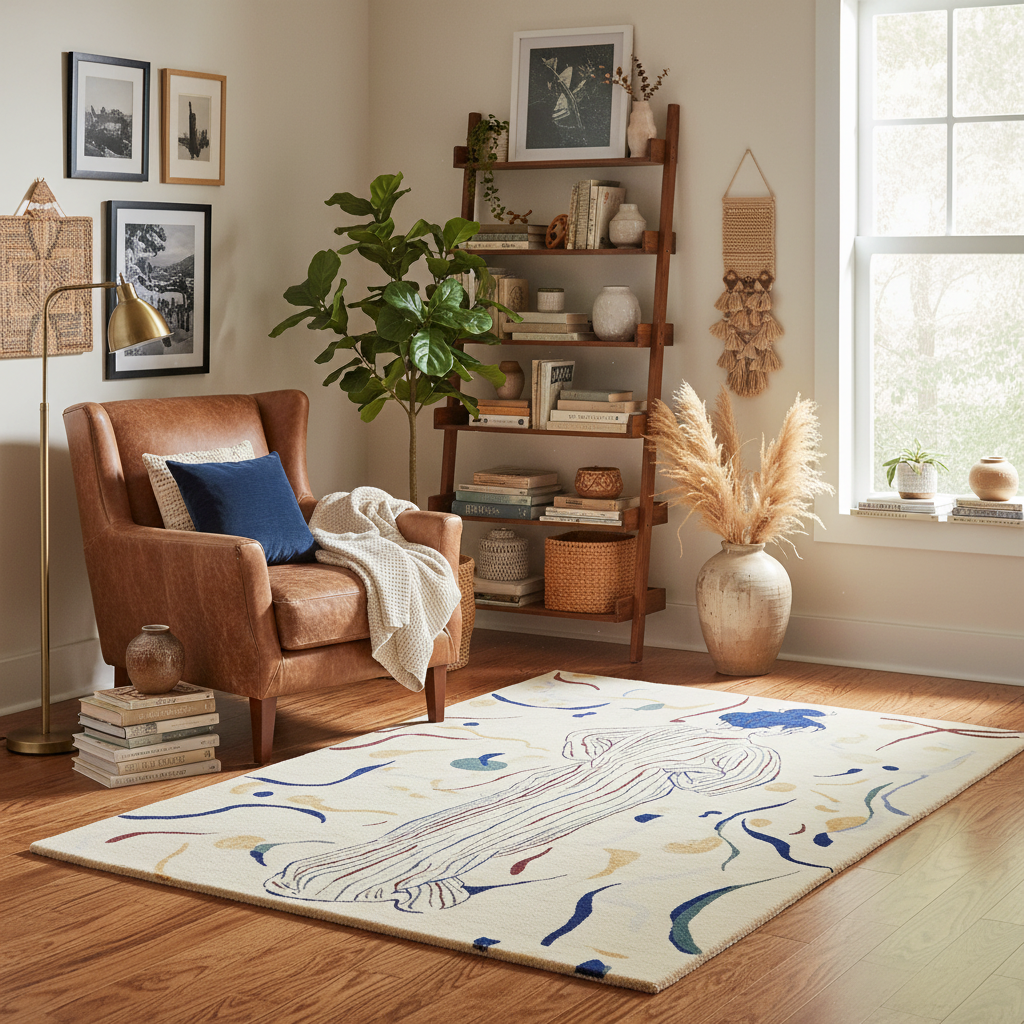 Cozy living room with a brown armchair, decorative rug, and bookshelf.