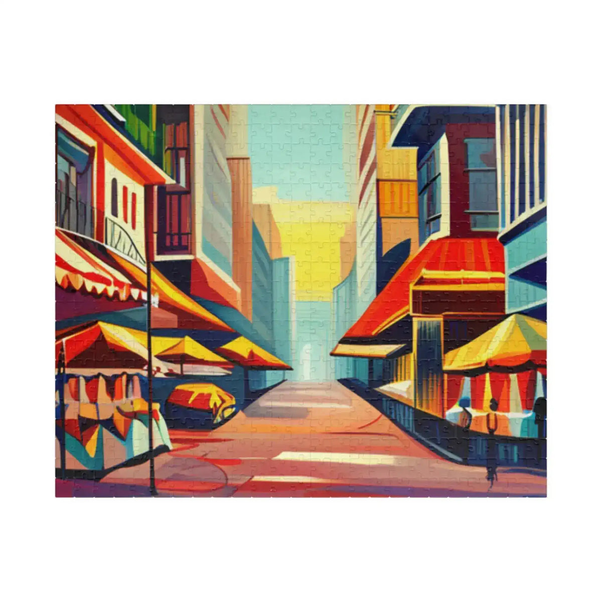 Fine-cut Urban Vibes puzzle, sunset-lit lane framed by vivid orange and blue painted buildings