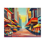 Fine-cut Urban Vibes puzzle, sunset-lit lane framed by vivid orange and blue painted buildings